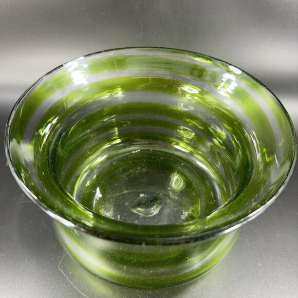 Blenko Art Glass Bowl Planter Flower Pot Hand Blown Green Clear Lines Round Vtg - Picture 14 of 16